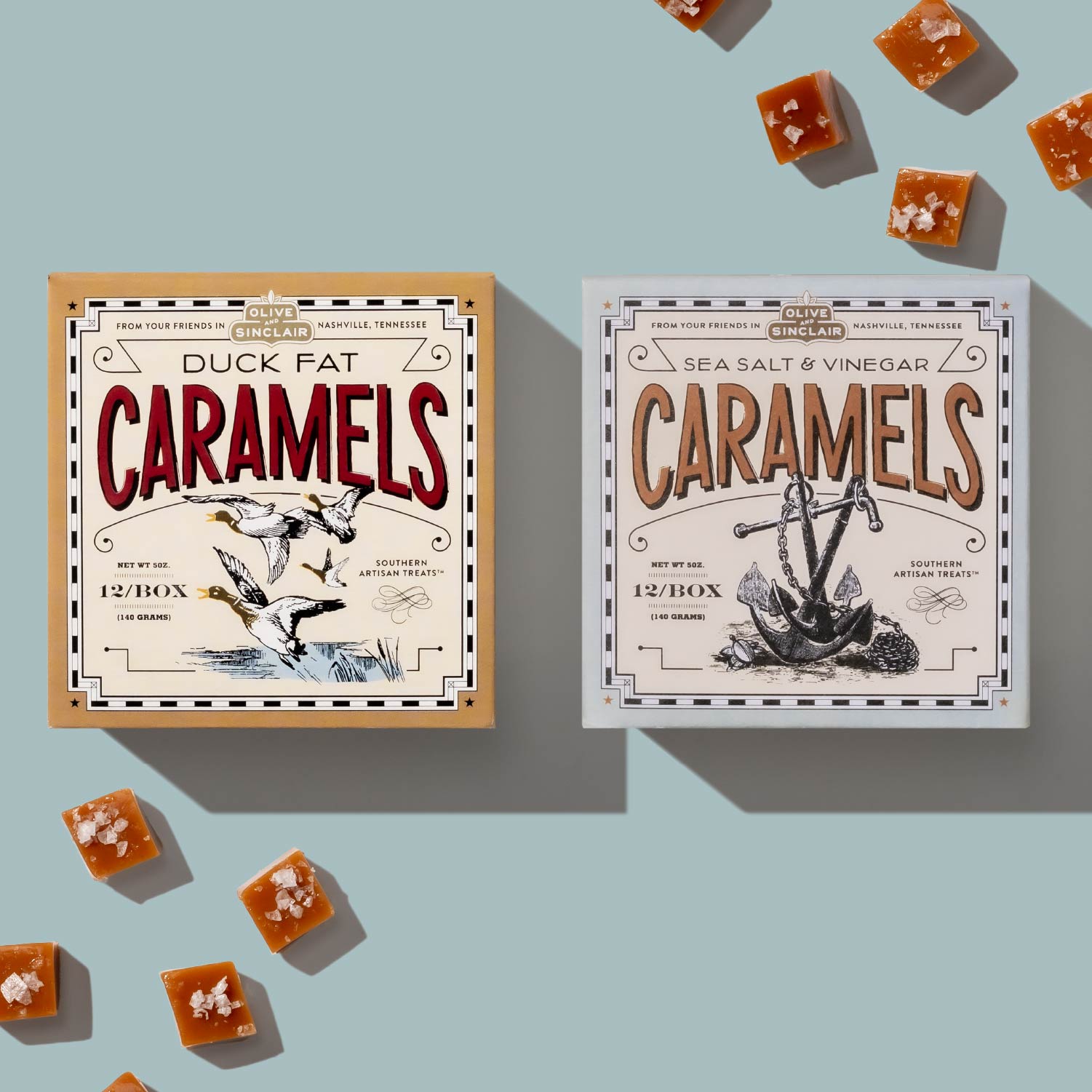 Two packages of caramels with decorative labels on a light blue background.