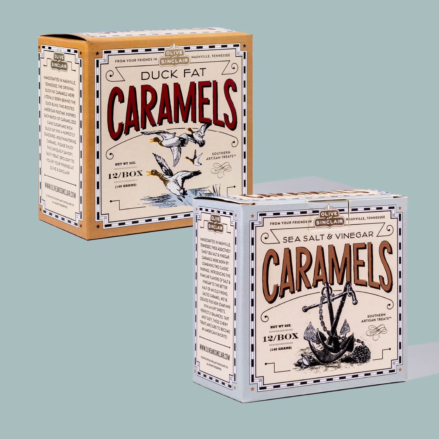 Two boxes of caramels with vintage-style packaging on a light blue background