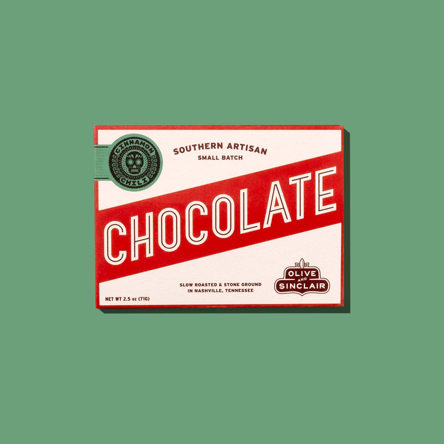 Chocolate packaging with 'Olive Sinclair' Cinnamon Chili