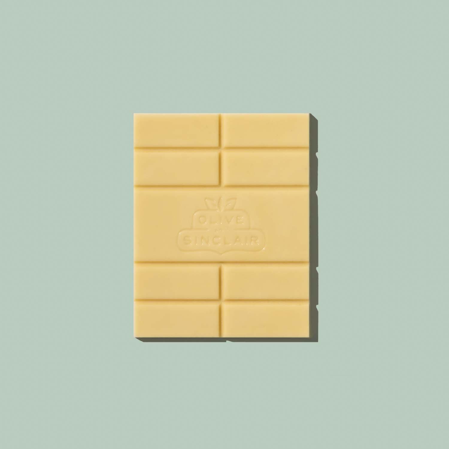 Square bar of Olive and Sinclair white chocolate
