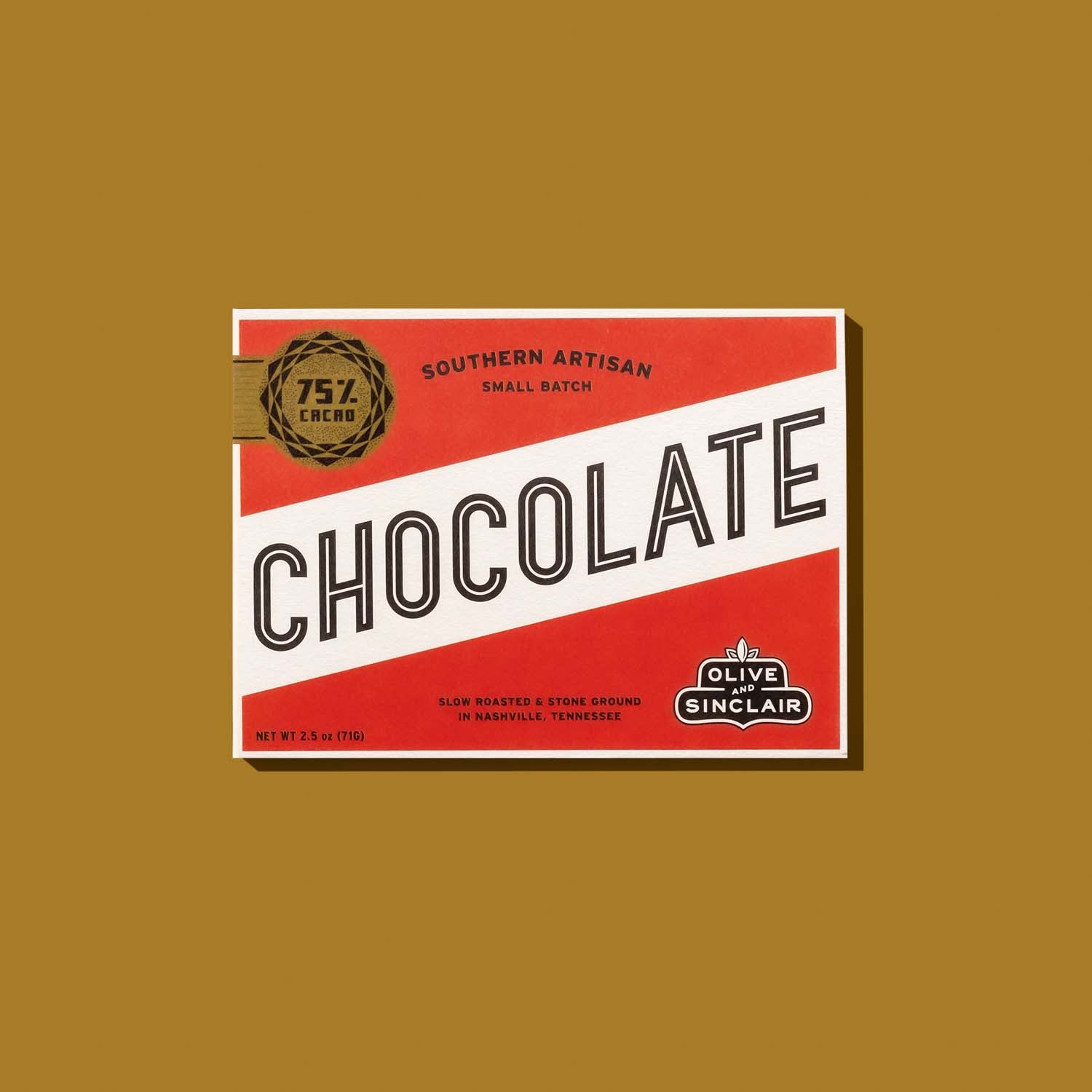 75% Dark Chocolate bar packaging with 'Olive Sinclair' branding on a gold background