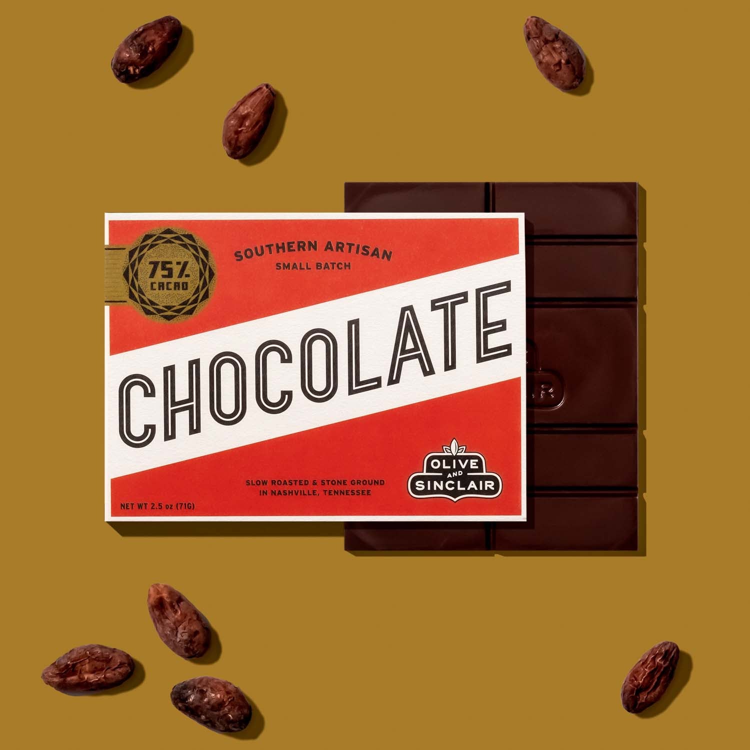 75% Chocolate bar with a branded packaging on a yellow background