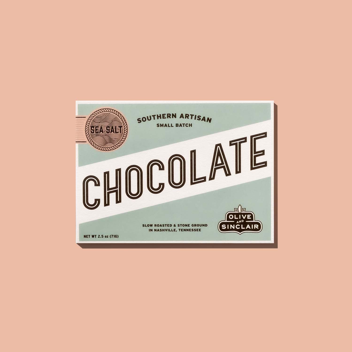 Sea Salt Chocolate bar packaging with 'Olive Sinclair' branding on a pink background