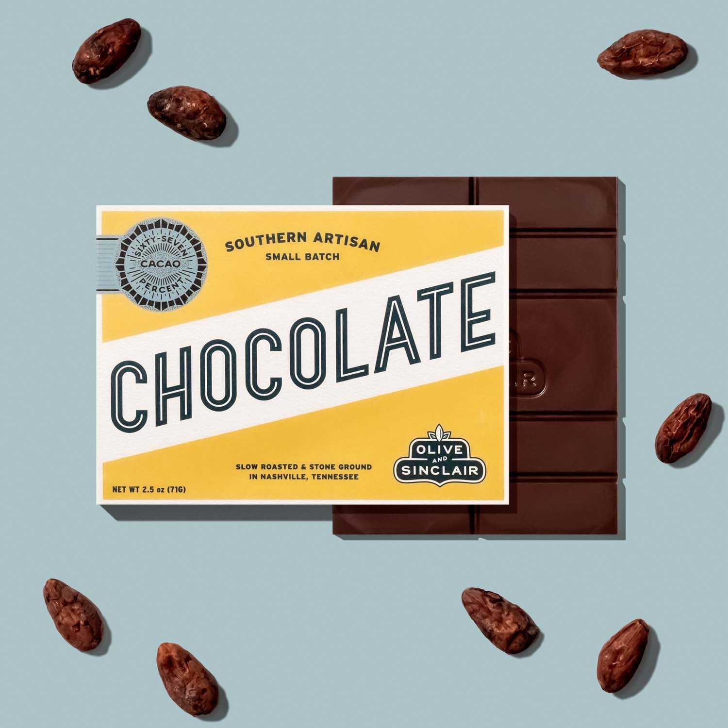 Chocolate bar with a yellow packaging label on a light blue background
